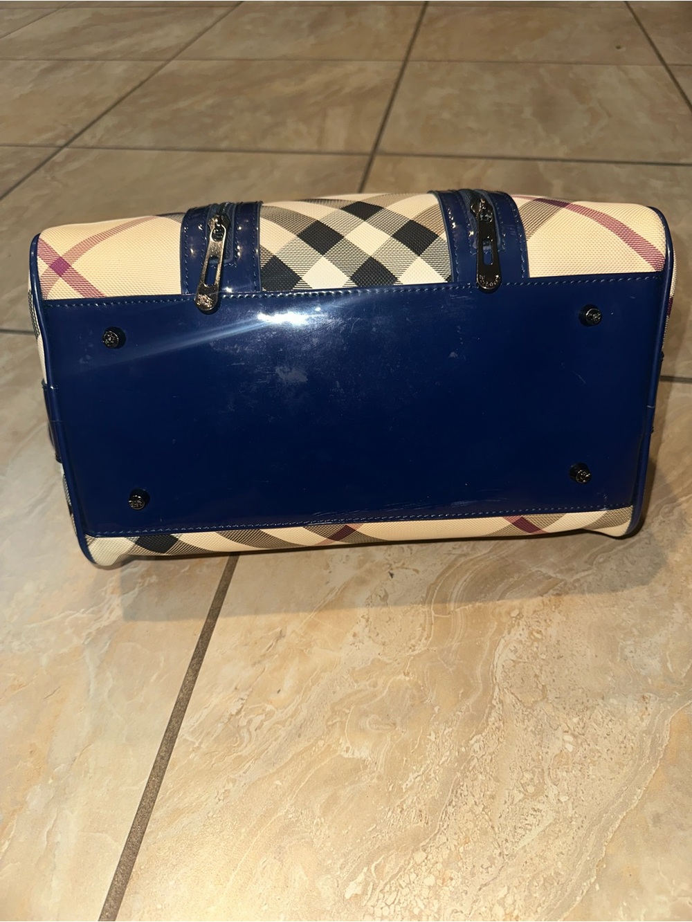Vintage Navy Burberry Bicolor Nova Check Medium Bowling Tote Bag - Picture 2 of 10